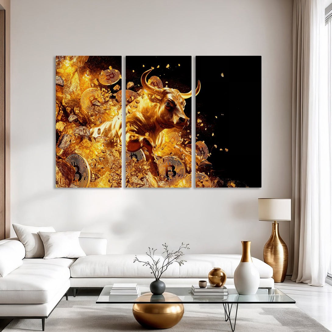 Canvas Print of a golden bull with Bitcoin coins. Modern art with a gold and black color palette, perfect for home decor.
