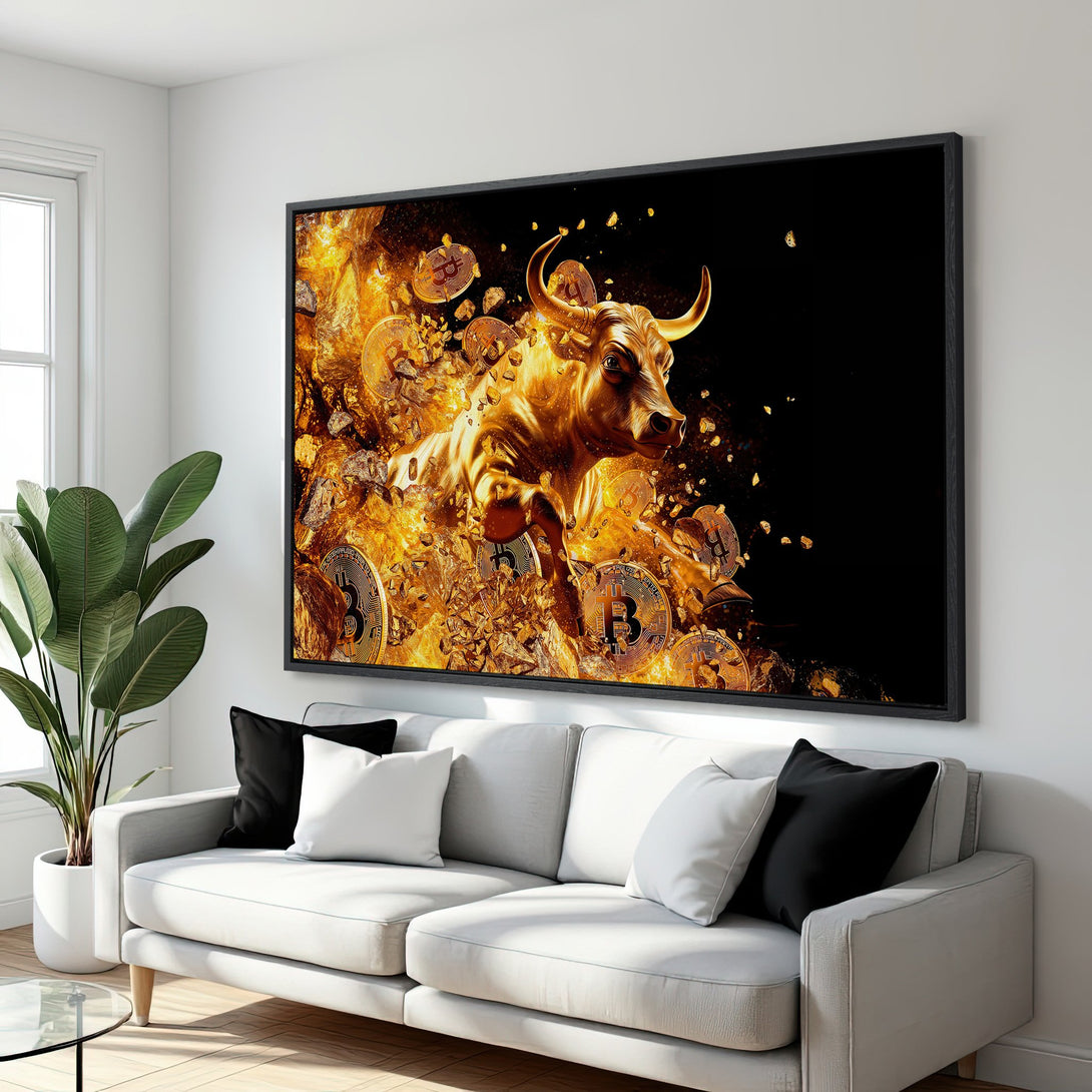 Framed Wall Art: Gold bull bursting from Bitcoin coins. Modern, financial art with a black, gold, and white color palette. Perfect for a stylish home.