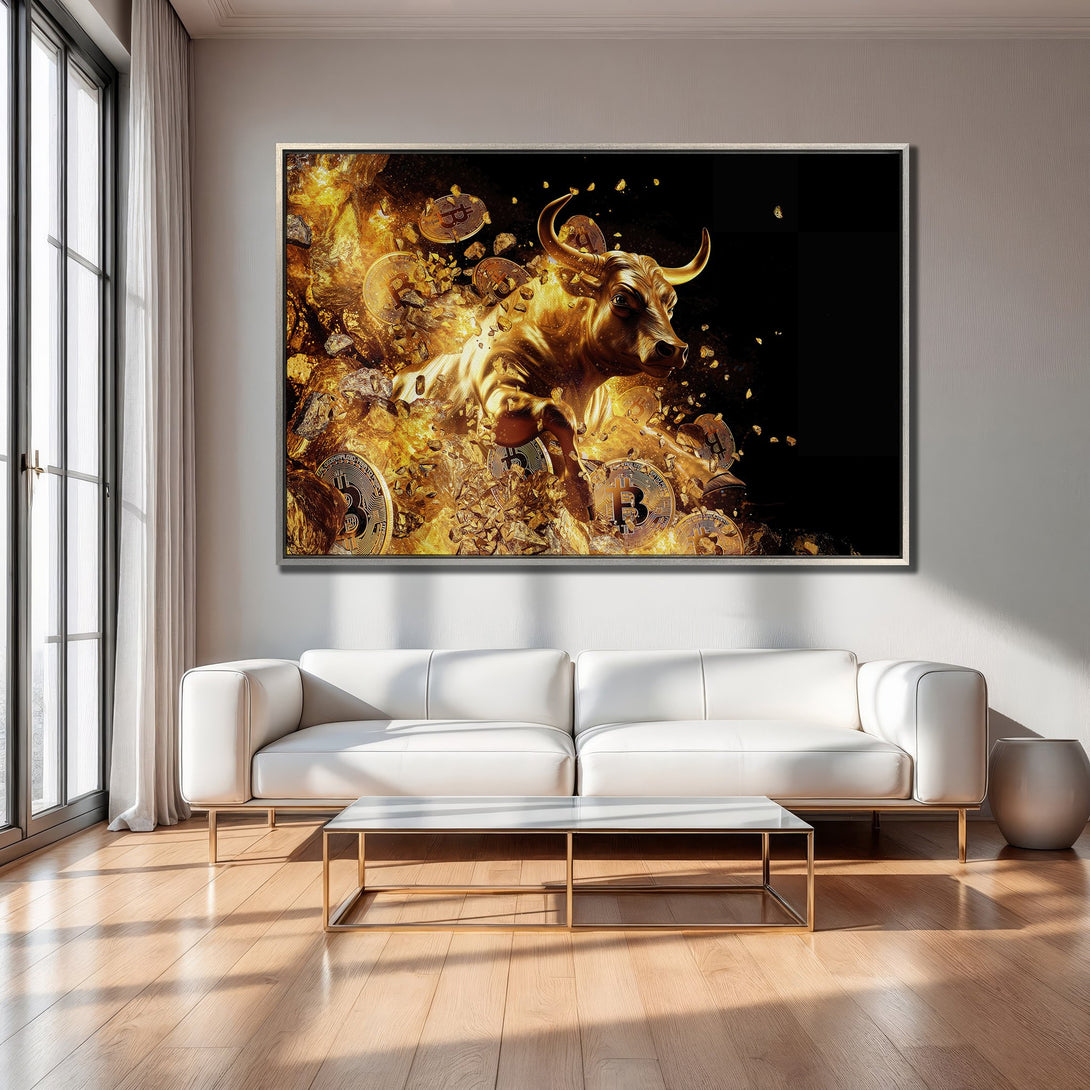 Framed Wall Art: Golden bull with Bitcoin, modern style, gold and black color palette, adds luxury to any space.