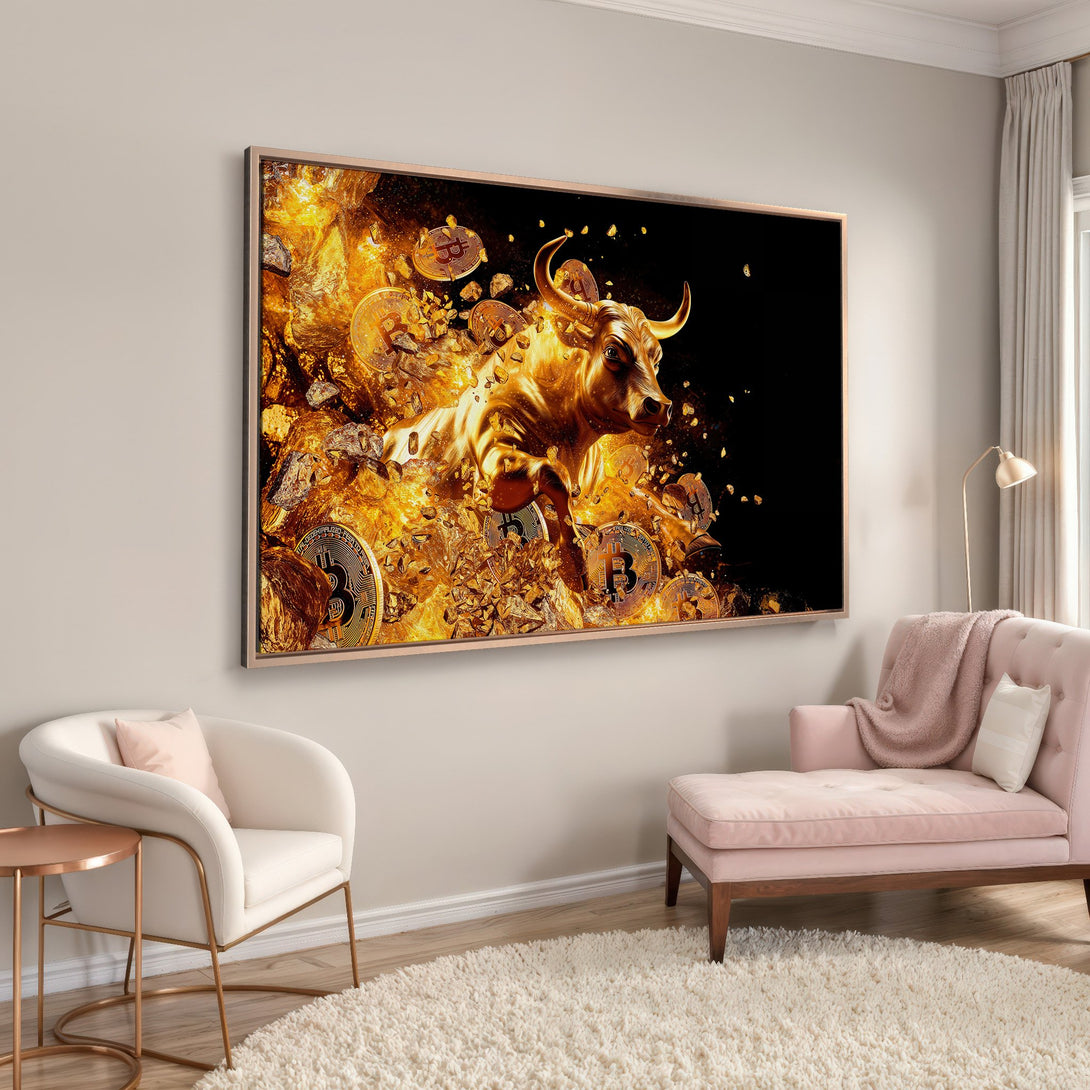 Framed Wall Art featuring a golden bull with Bitcoin coins, set against a fiery background. Bold, modern design with a warm gold and black color palette.