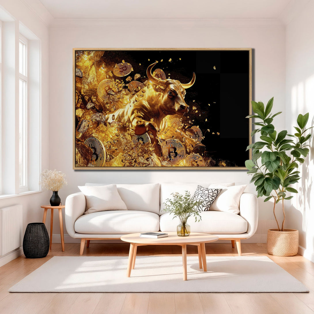 Framed Wall Art featuring a golden bull with Bitcoin coins, set against a black background. Modern, financial-themed art with a gold and black color palette.