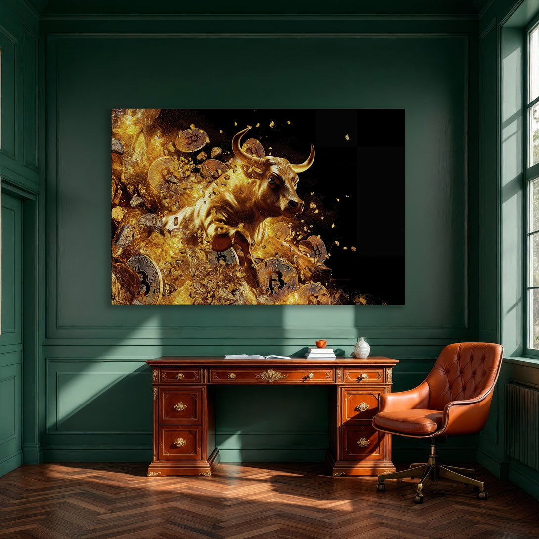 Framed Wall Art: Golden Bitcoin bull art print. Dynamic, modern style with a vibrant gold and black color palette. Perfect for a stylish interior.
