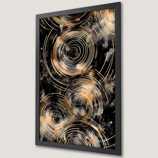 Framed Poster featuring abstract gold circles on black background. Modern art print with gold and black color palette. Enhance your decor!