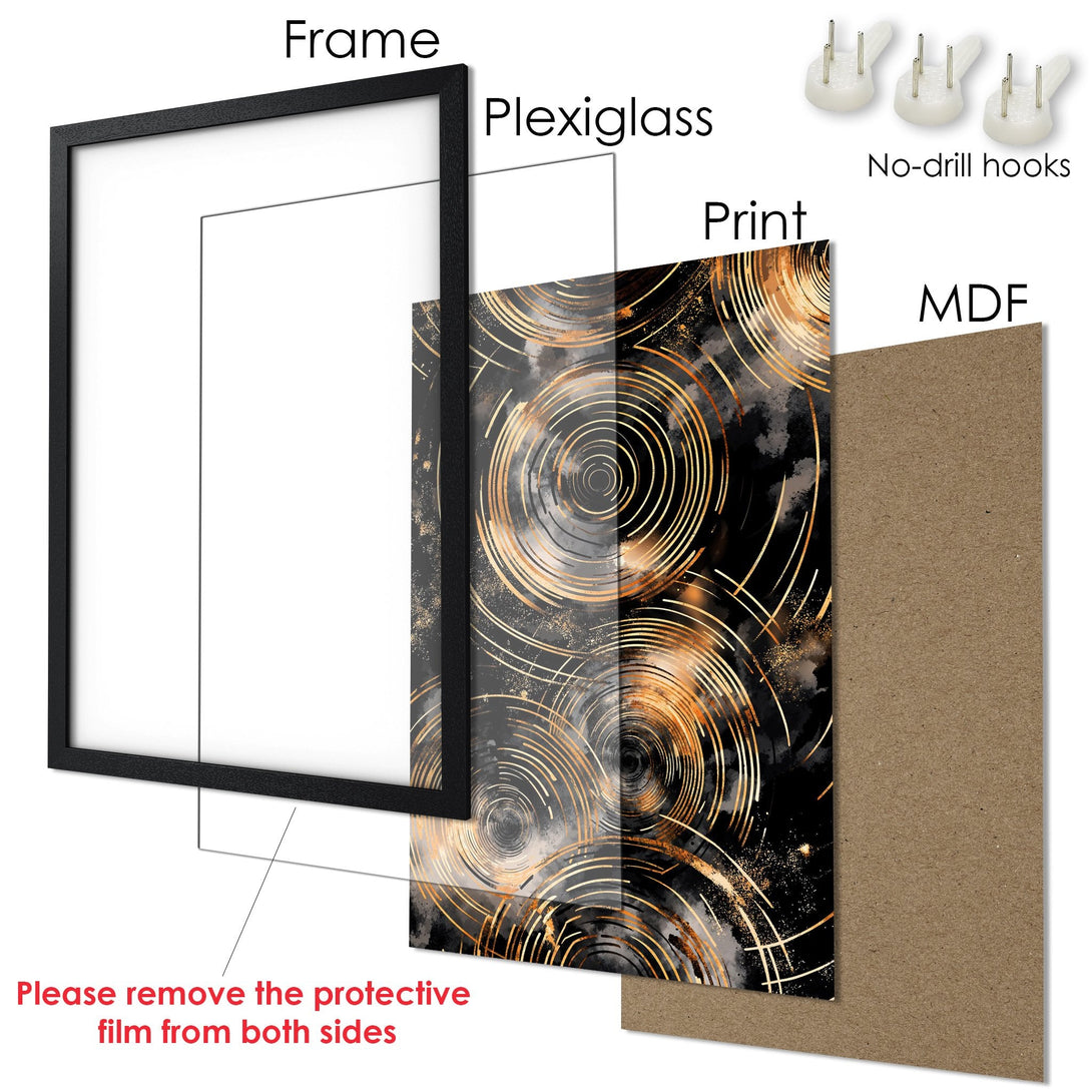 Framed Poster featuring abstract gold and black art. Modern style, perfect for home decor. Enhance your space with this stunning Poster!