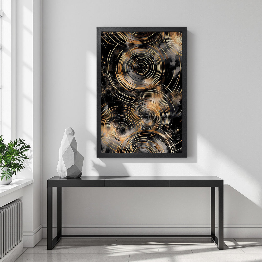 Framed Poster featuring abstract gold and black design. Modern wall art, perfect for any space.