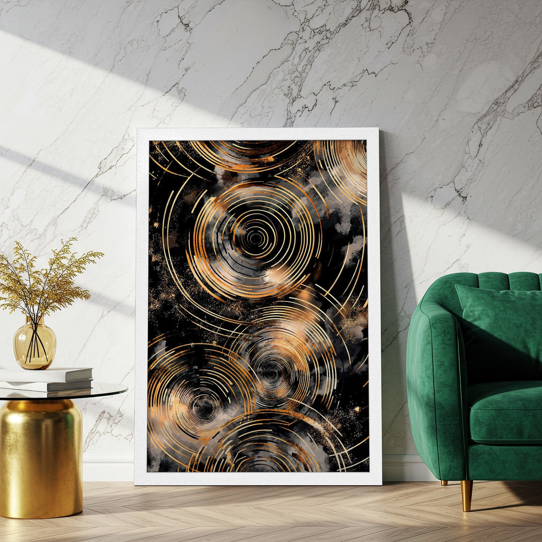Framed Poster featuring abstract gold circles on black background. Modern art style, elegant gold and black color palette.