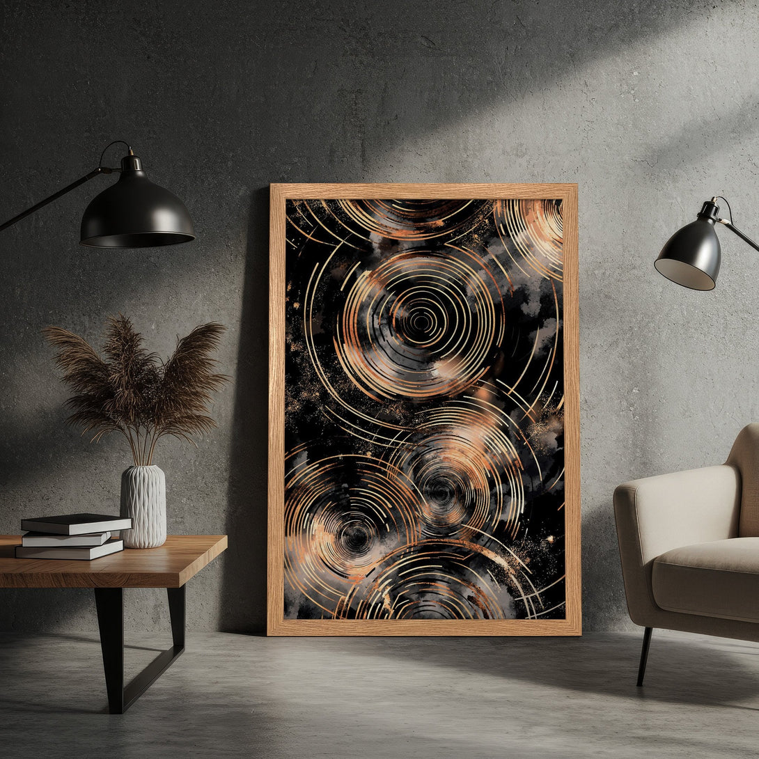 Framed Poster featuring abstract gold and black circles. Modern art print with a neutral color palette. Perfect wall decor.
