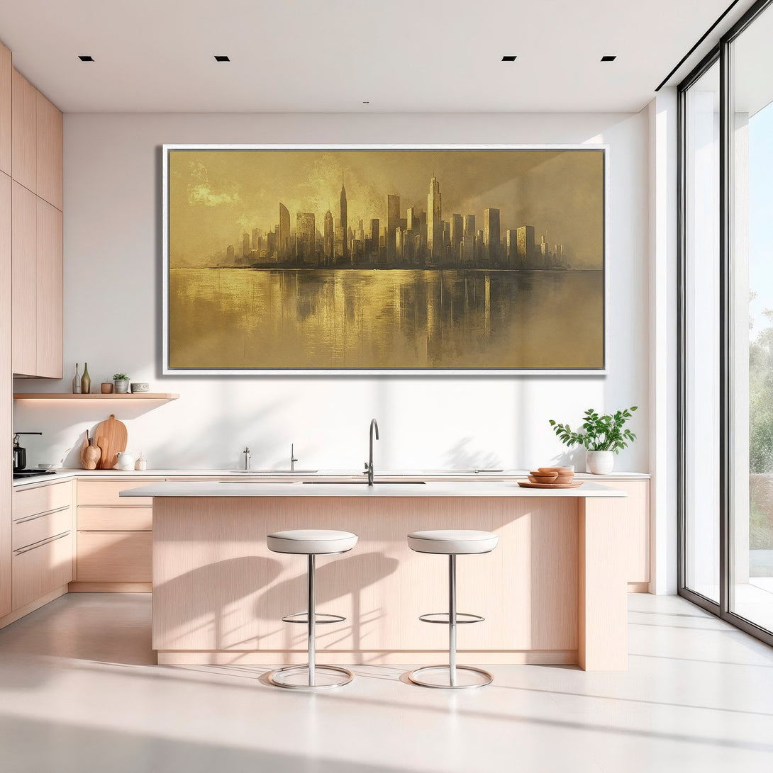 Framed Wall Art: Golden cityscape Canvas Print in a modern kitchen. Abstract style with warm gold and neutral tones. Elevate your space!