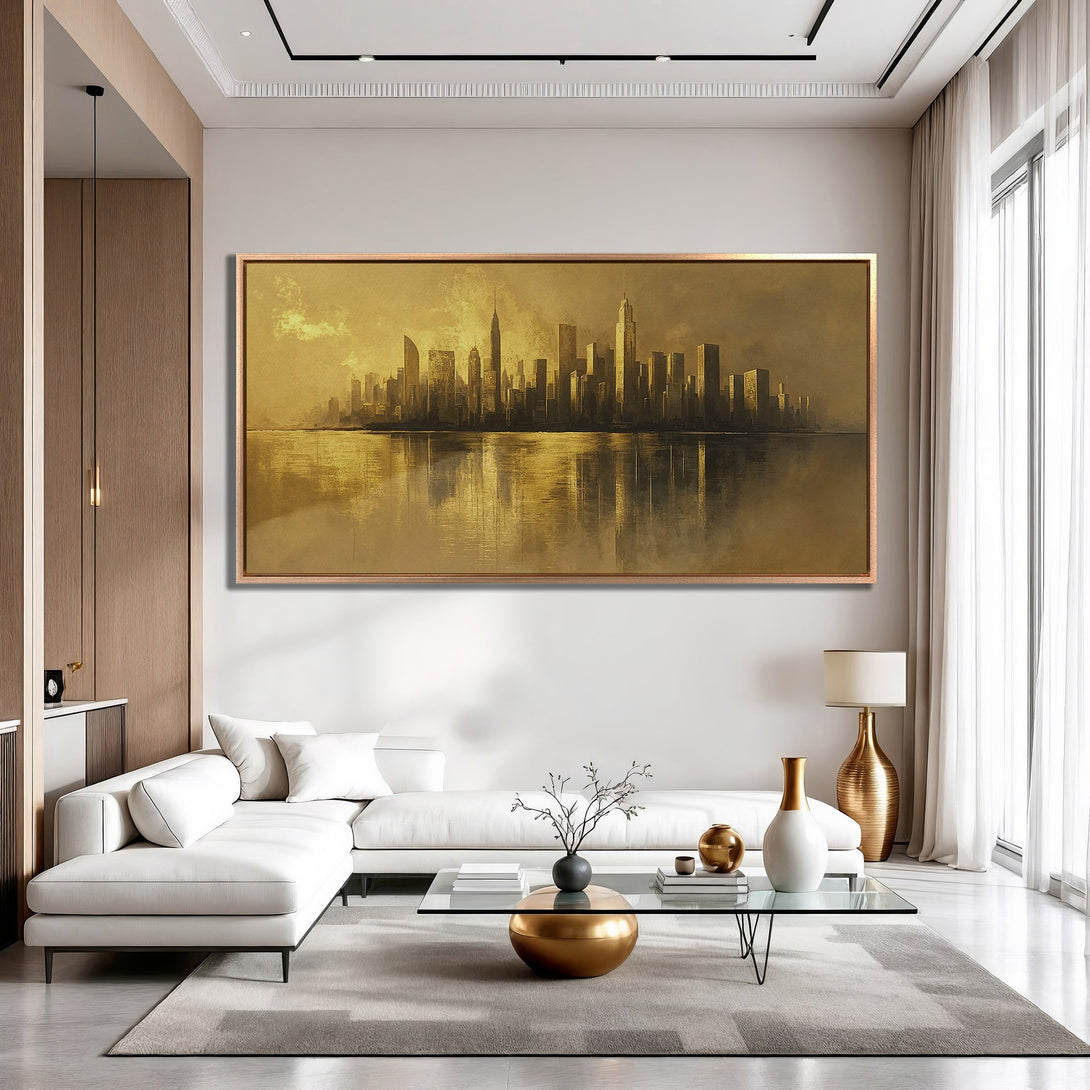Framed Wall Art: Golden cityscape Canvas Print. Modern art featuring a skyline in warm gold tones, perfect for living room decor.