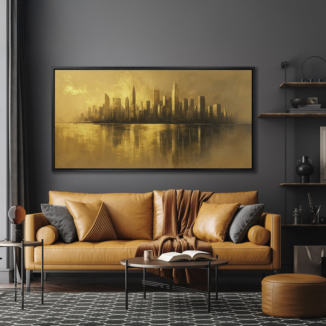 Framed Wall Art: Gold cityscape Canvas Print adds a touch of luxury. Abstract art in warm gold tones complements the modern interior design.