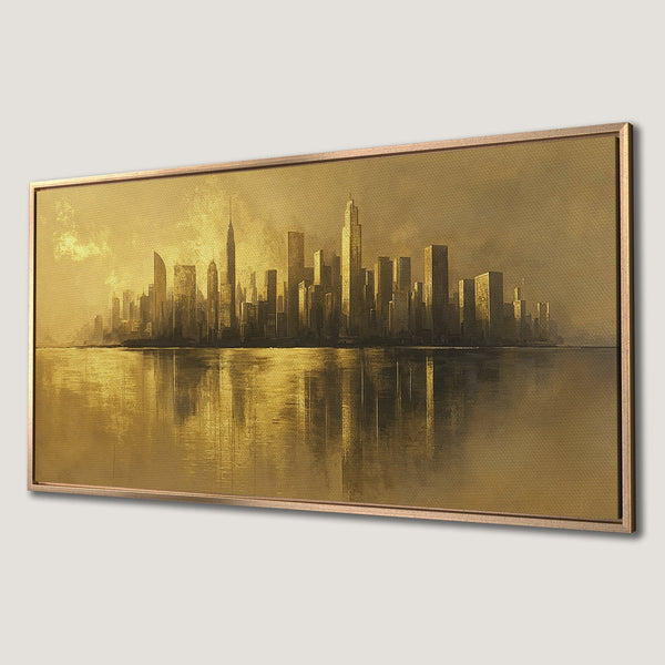 Framed Wall Art: Golden cityscape Canvas Print, featuring an abstract style with warm gold and brown tones, perfect for modern decor.