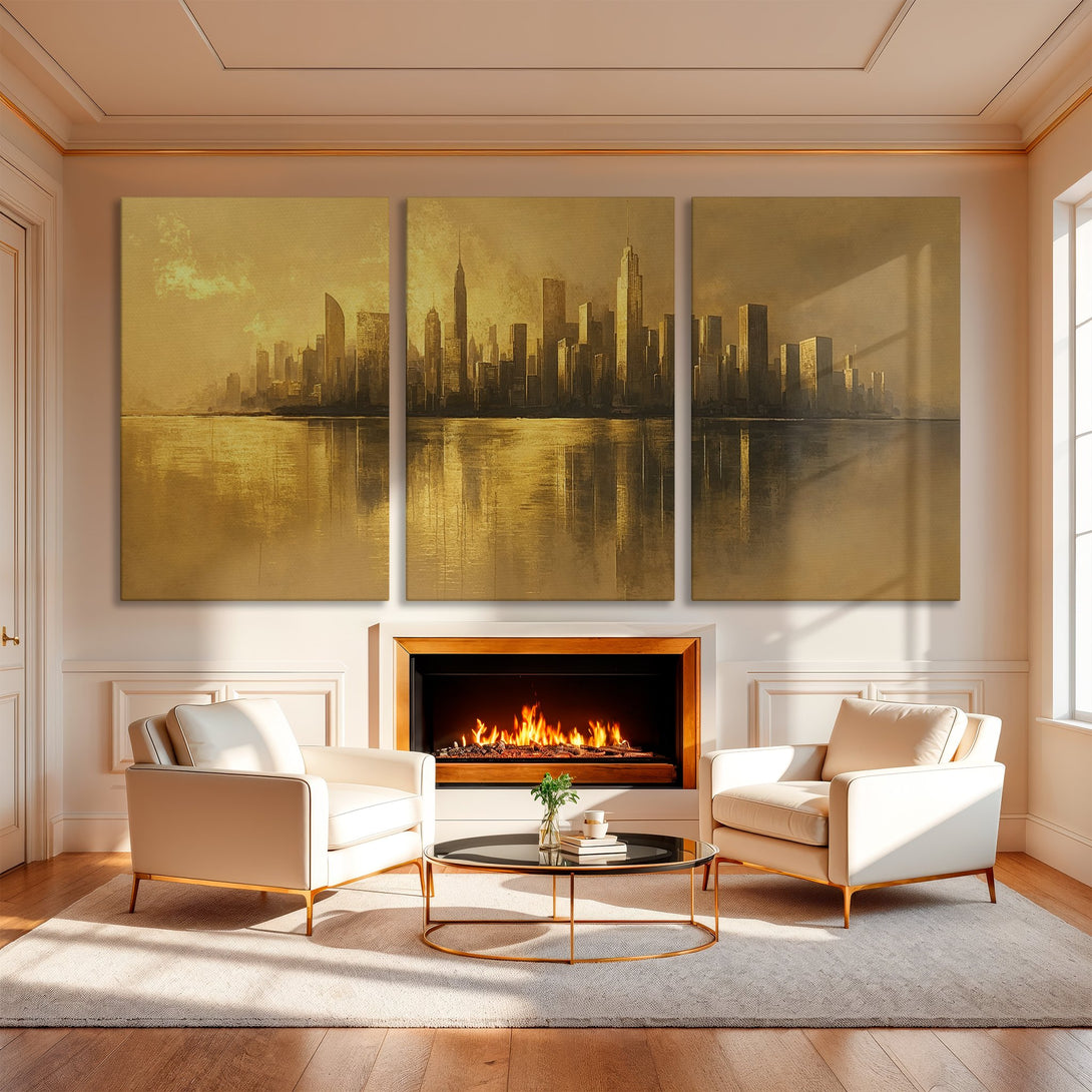 Canvas Print of a golden cityscape painting, displayed in a luxurious living room. Warm, neutral color palette with a modern, artistic style.