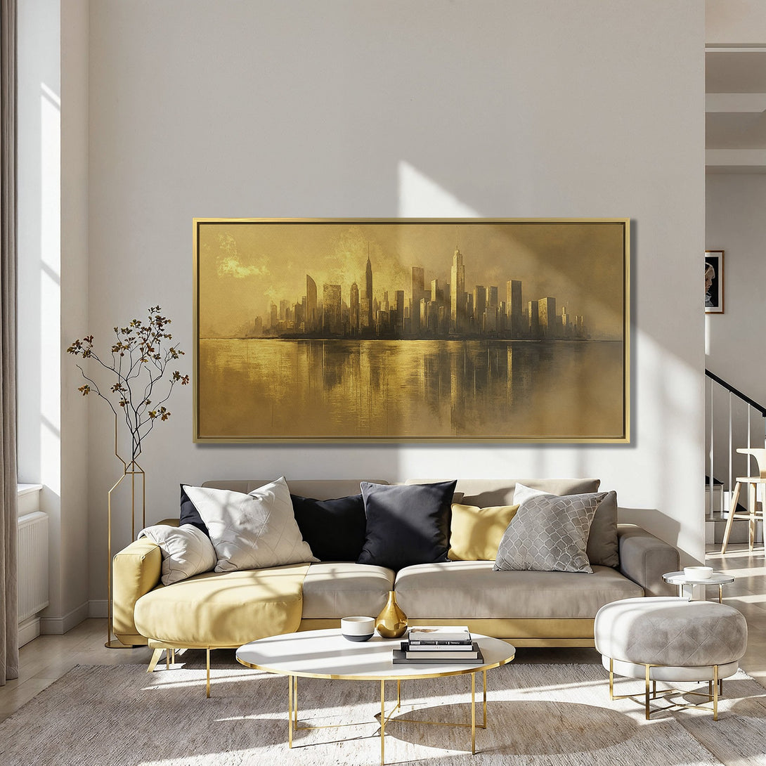 Canvas Print of a golden cityscape, modern art style, displayed in a living room with red chairs and a dark blue wall.