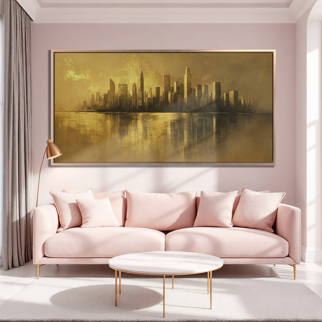 Framed Wall Art: Golden cityscape Canvas Print in a modern interior. Warm gold and neutral tones create a sophisticated and inviting living space.