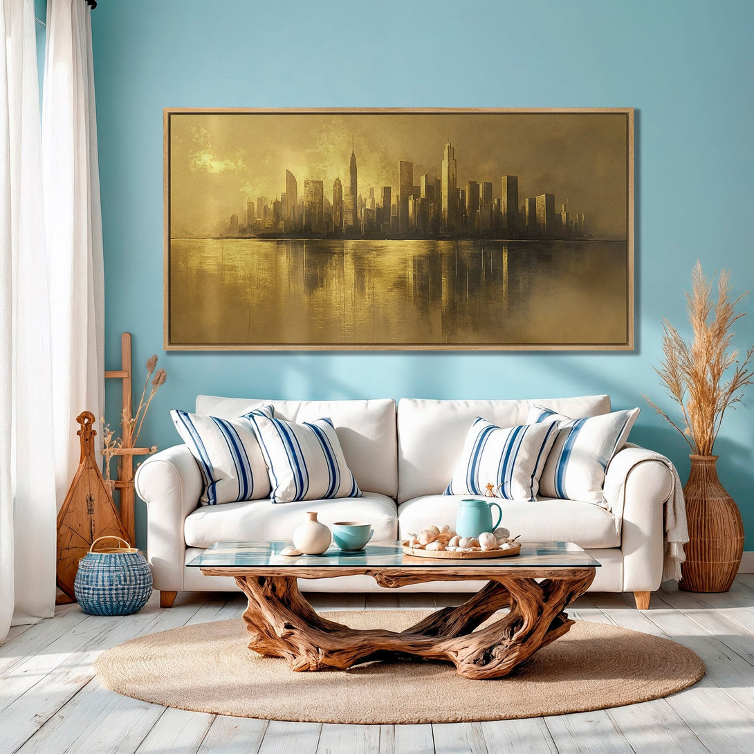 Framed Wall Art featuring a golden skyline over water. Modern style with a warm, neutral color palette. Perfect for coastal decor.