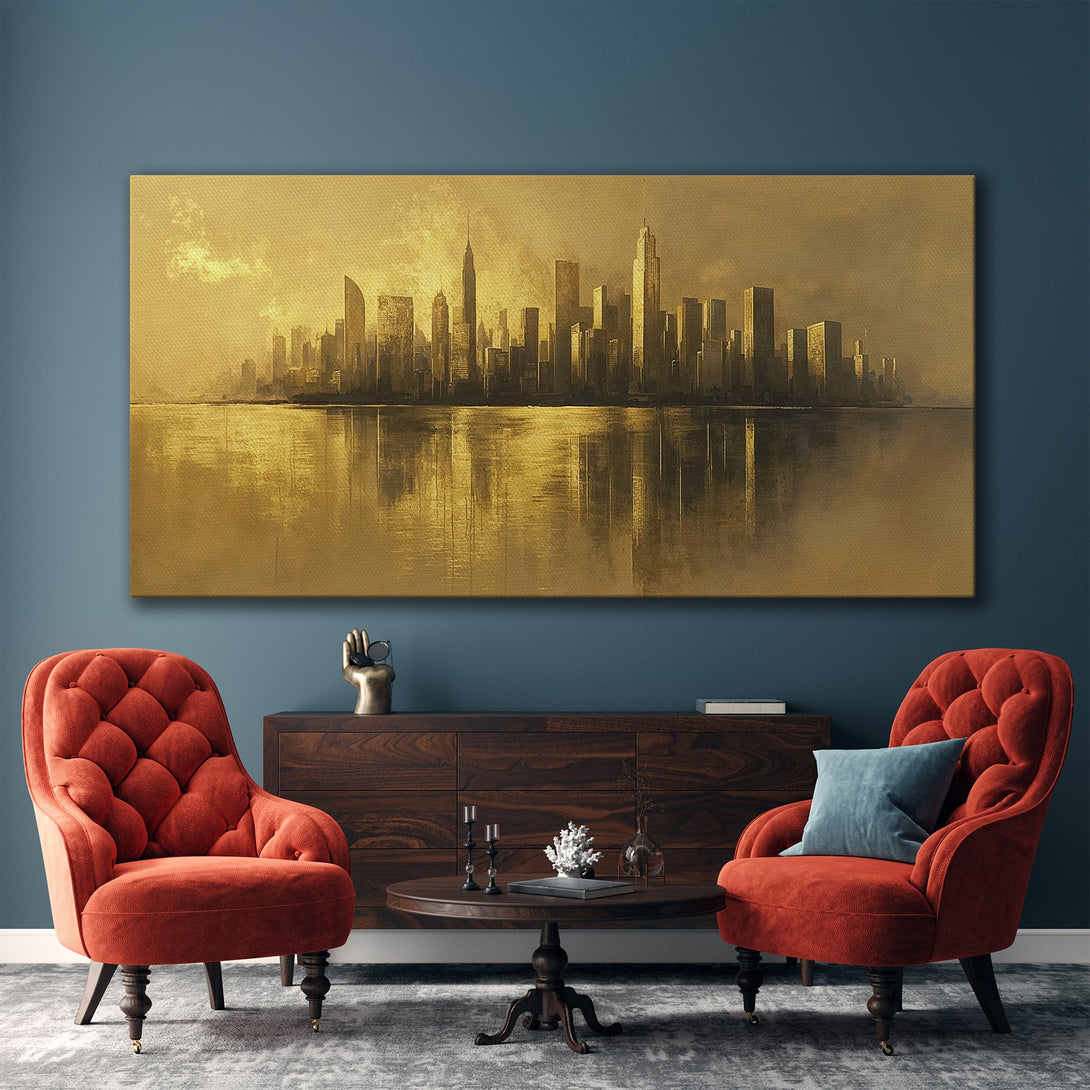 Framed Wall Art: Golden cityscape Canvas Print in a modern living room. Warm, neutral color palette with a touch of luxury. Elevate your home decor!