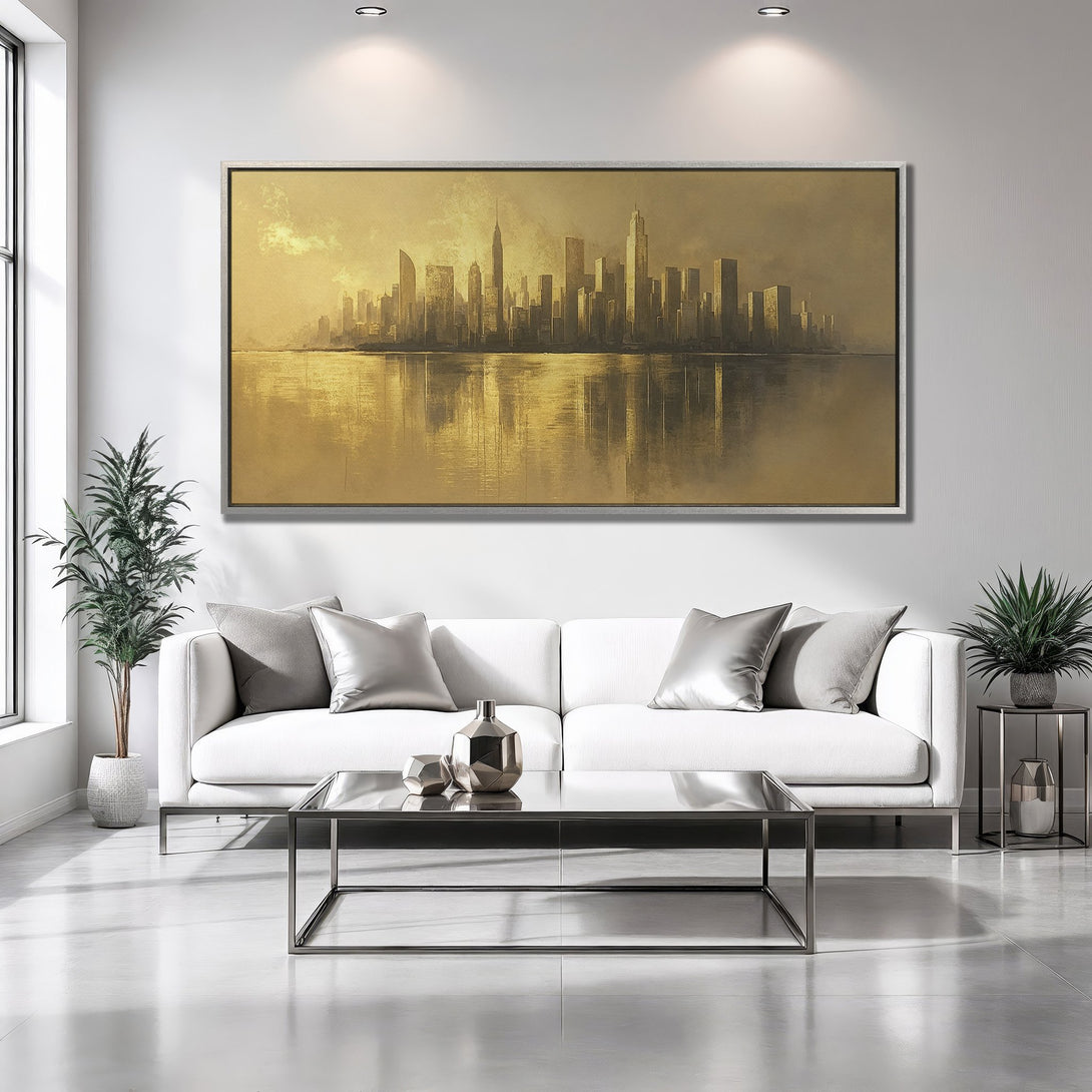 Framed Wall Art of a golden cityscape painting. Modern style with warm gold and neutral color palette. Perfect home decor accent.