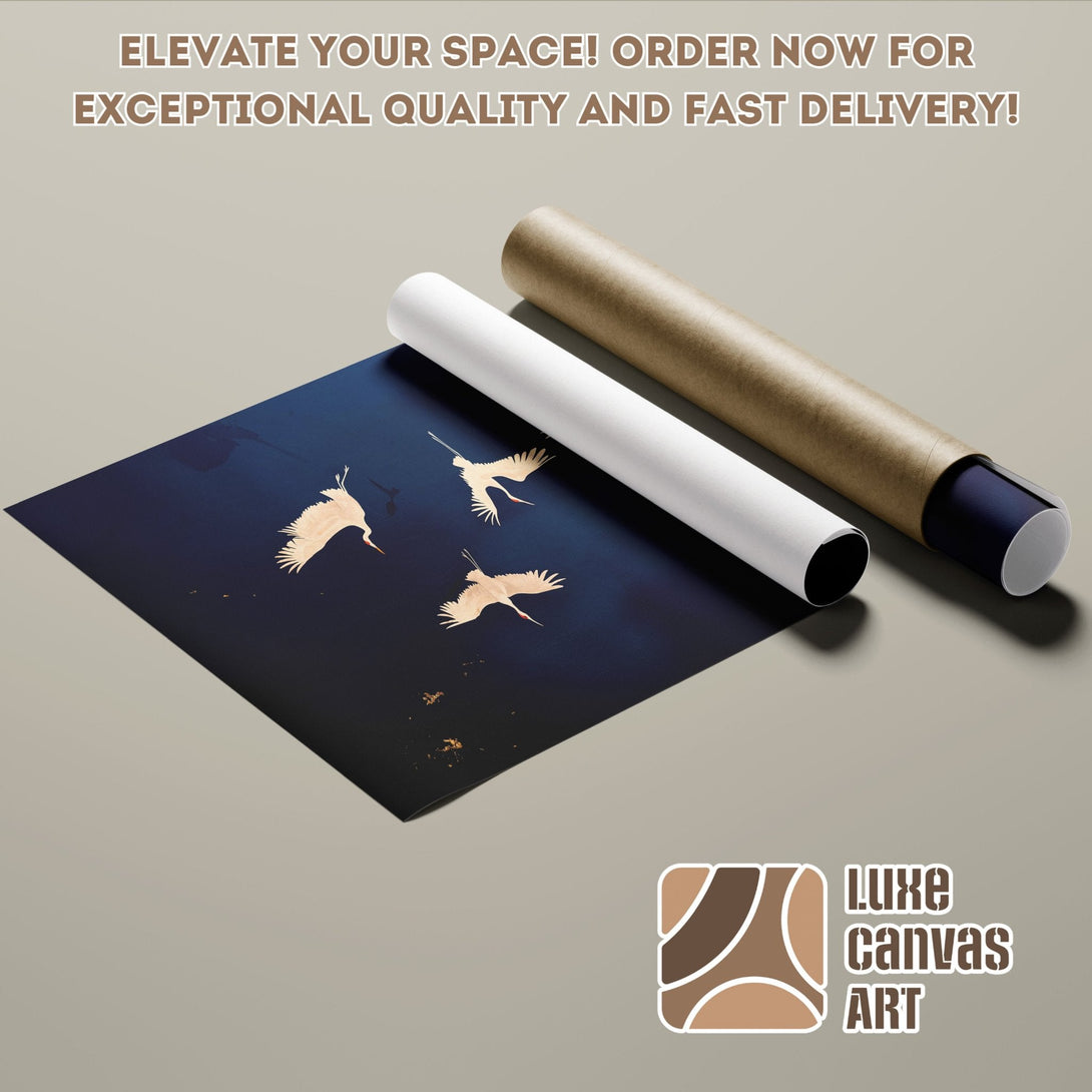 Poster Roll featuring crane art, navy and gold color palette, perfect for home decor.