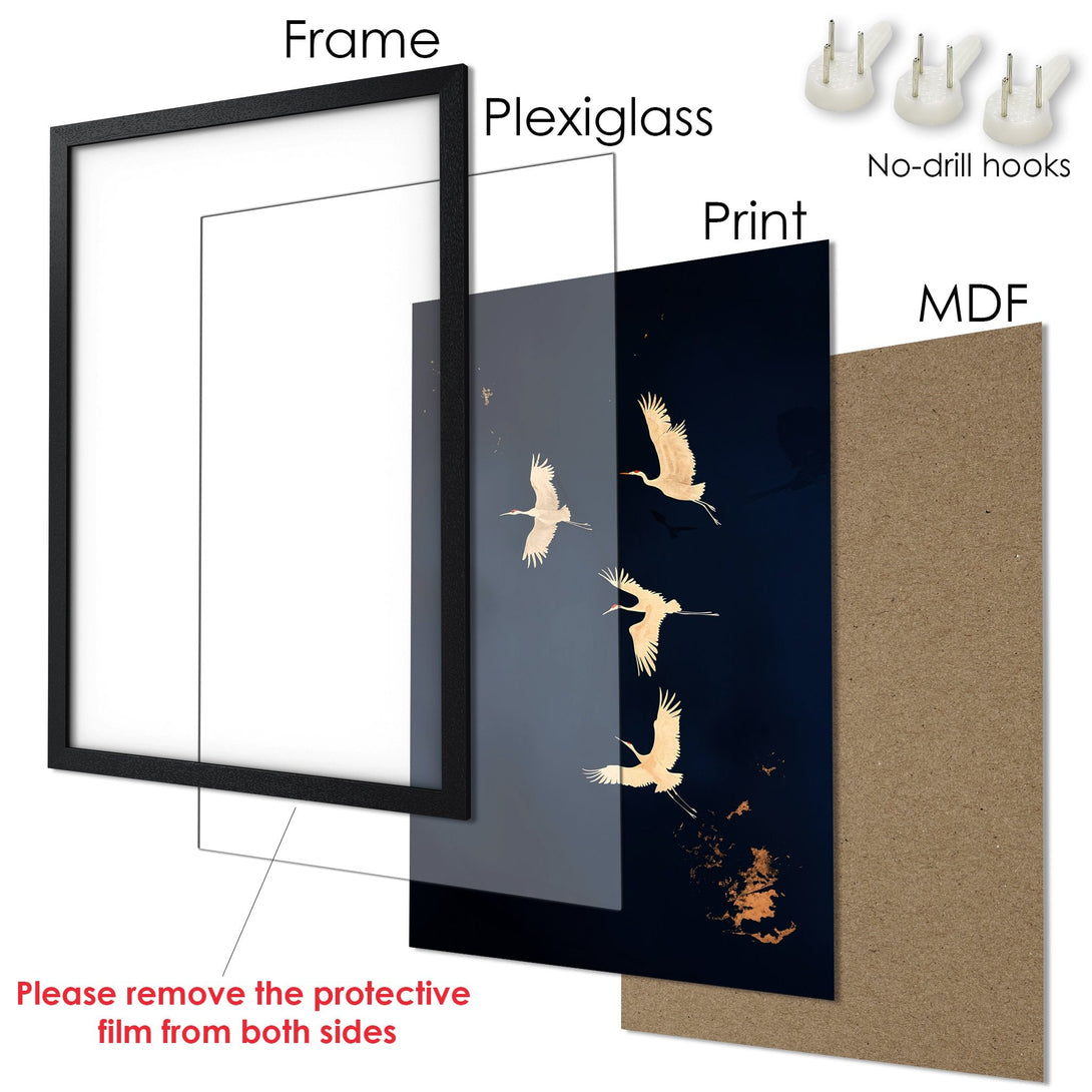 Framed Poster with crane art. Elegant style, navy & gold color palette. Perfect wall decor for a modern home.