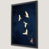 Gold Cranes Art Poster on Dark Blue Background