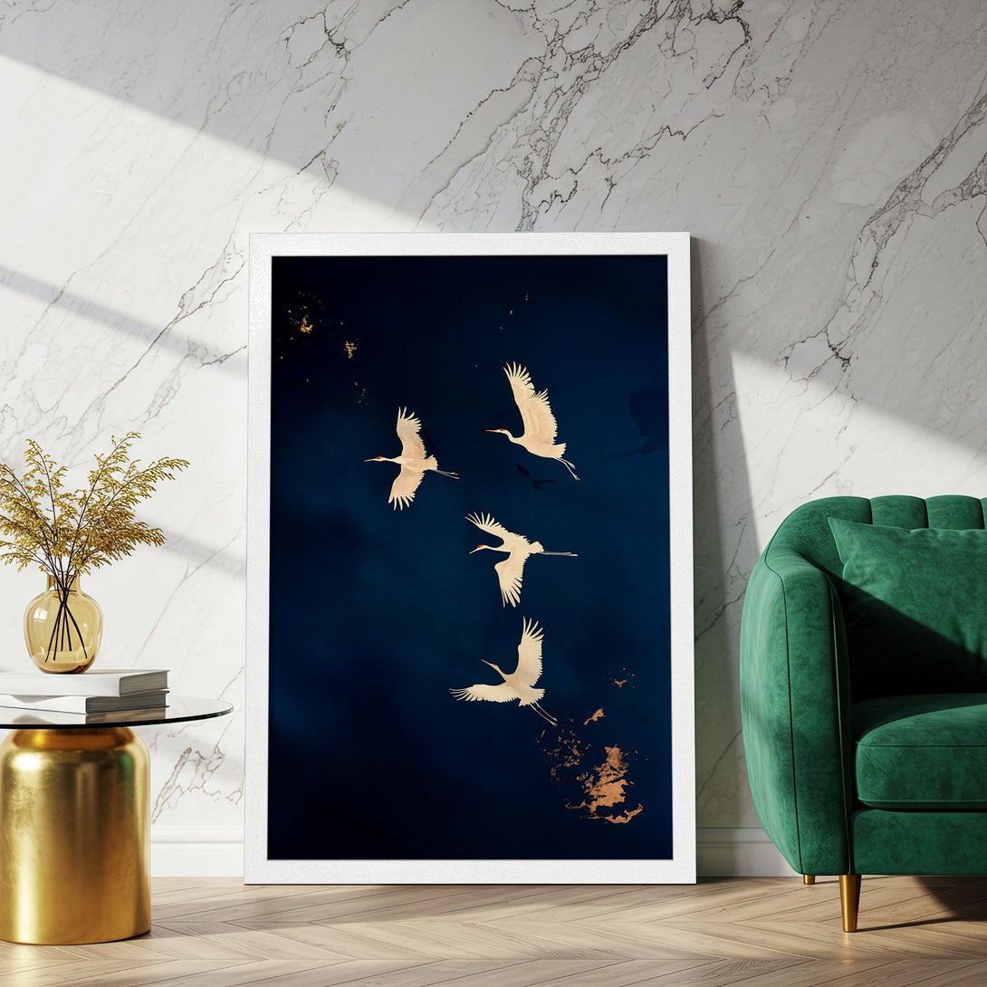Framed Poster featuring elegant cranes in flight, modern art style, with a deep blue and gold color palette. Perfect wall decor!