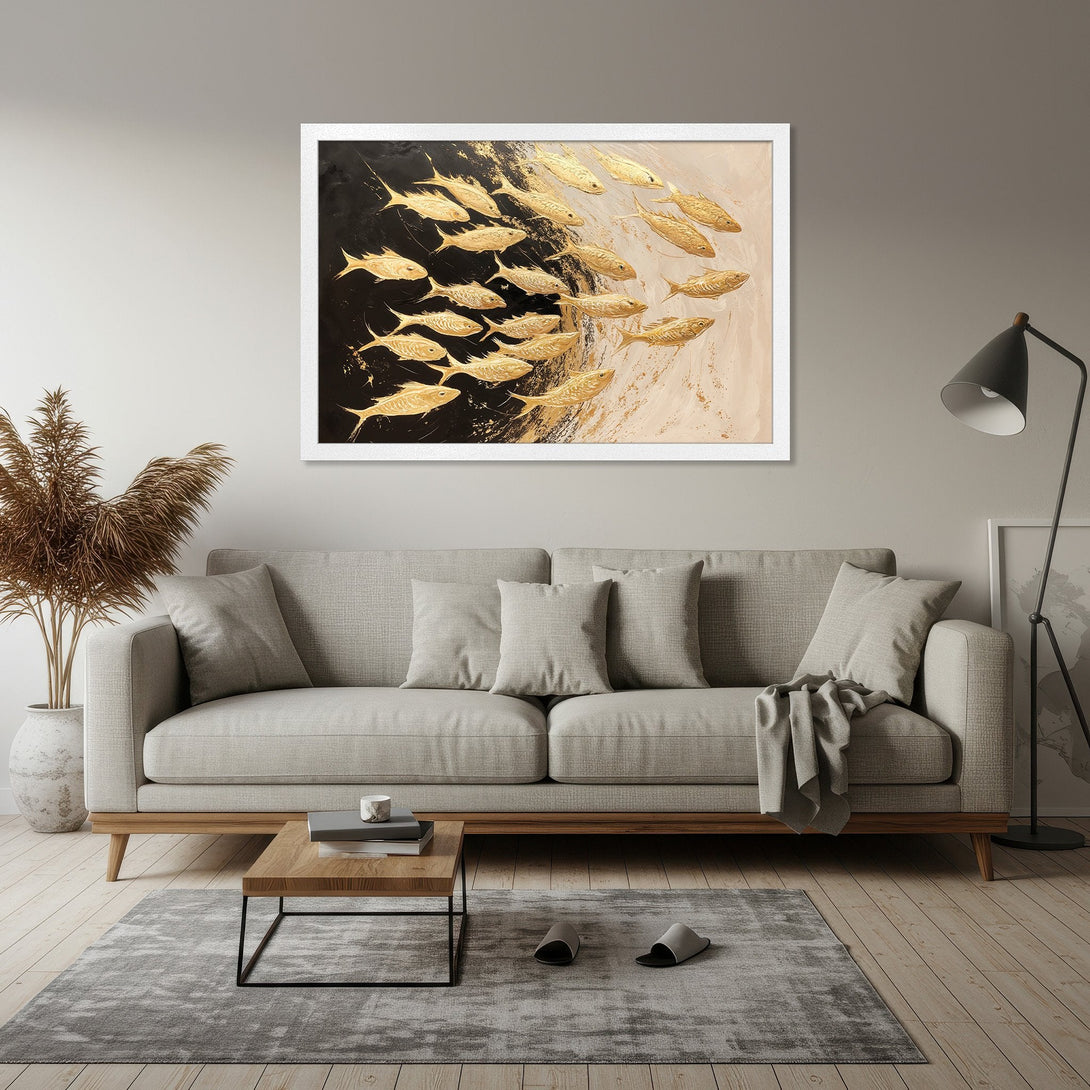 Framed Poster featuring gold fish art on a black and beige background. Modern style, neutral color palette. Perfect wall decor!