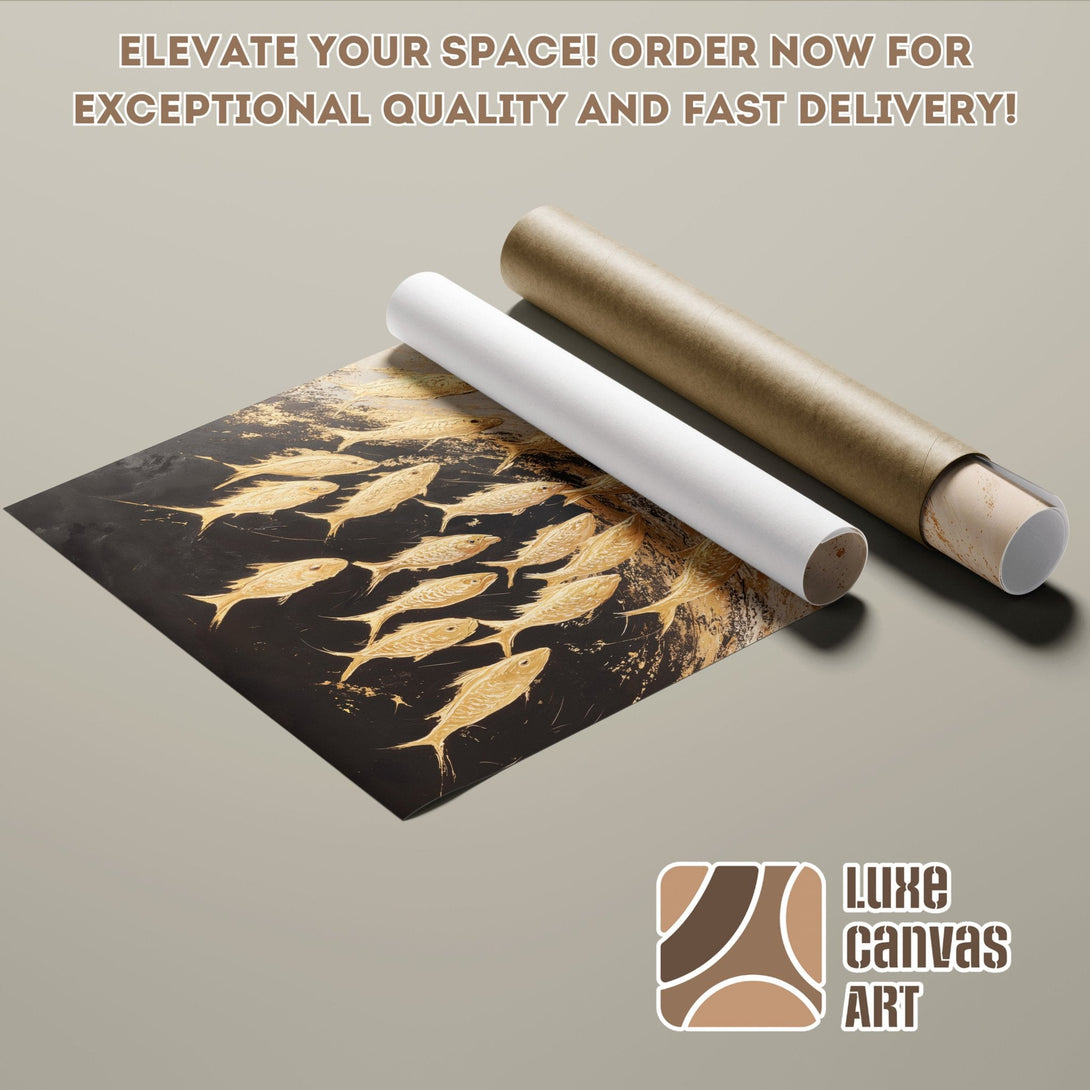 Poster Roll featuring gold fish art on black background. Modern style, warm color palette. Order now!
