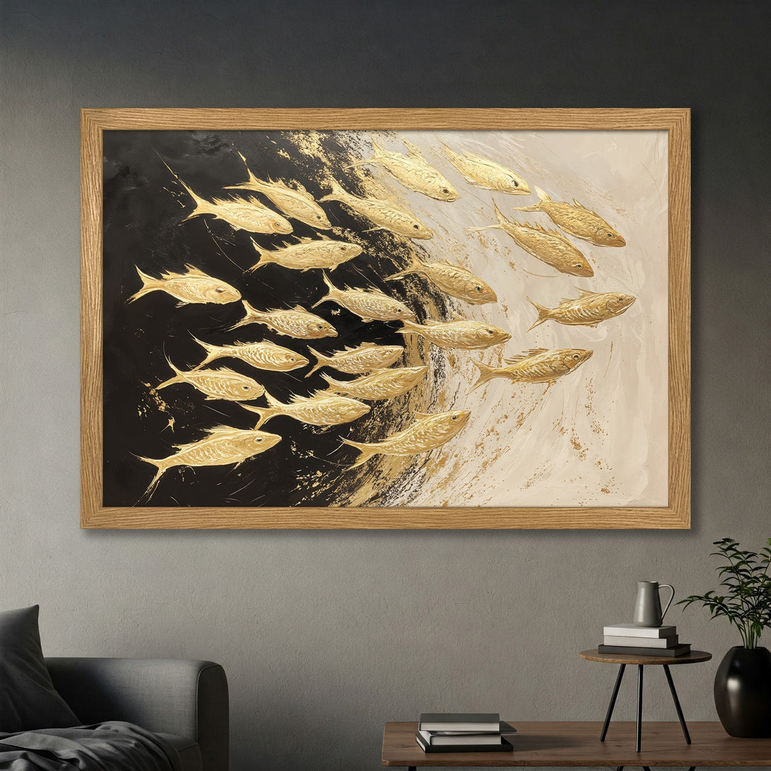 Framed Poster featuring gold fish art on black and white background. Modern style, neutral color palette. Perfect wall decor.