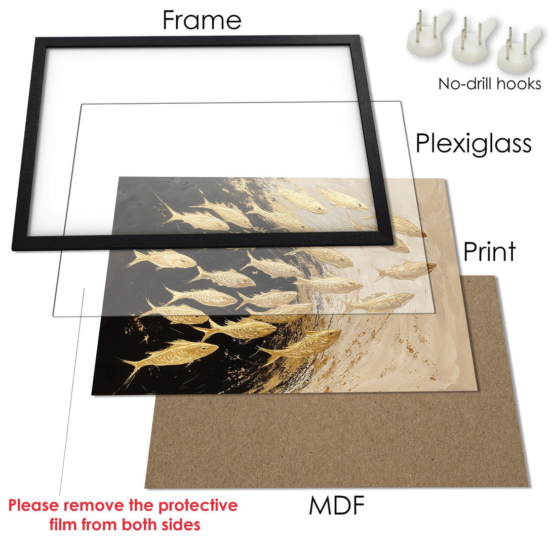 Framed Poster featuring gold fish art on black and beige background. Modern style, perfect for home decor.