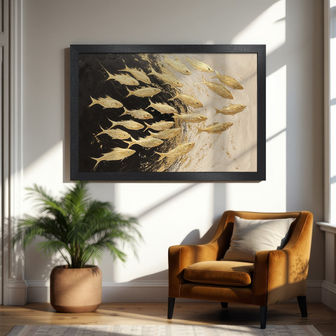 Framed Poster featuring gold fish art on black and beige background. Modern style, perfect for home decor.