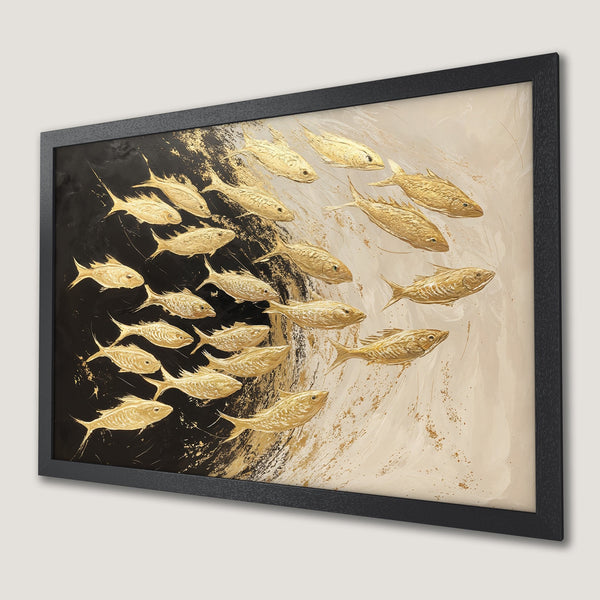 Framed Poster featuring gold fish artwork. Abstract style with black, gold, and beige color palette. Perfect wall art for a modern home.