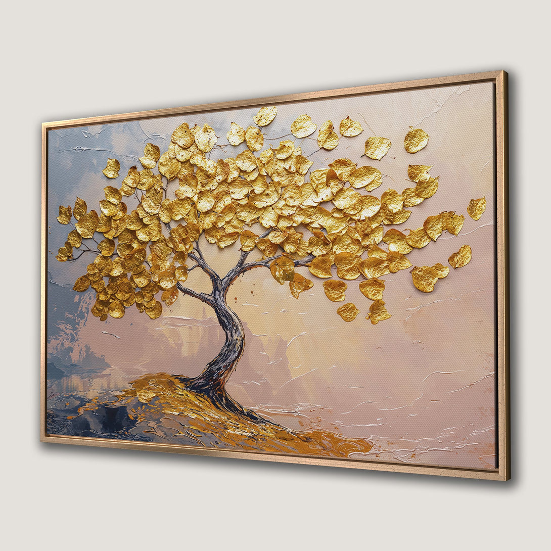 Framed Wall Art: Textured gold leaf tree art print in warm, neutral tones. Perfect for adding elegance to any space.