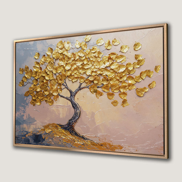 Framed Wall Art: Textured gold leaf tree art print in warm, neutral tones. Perfect for adding elegance to any space.