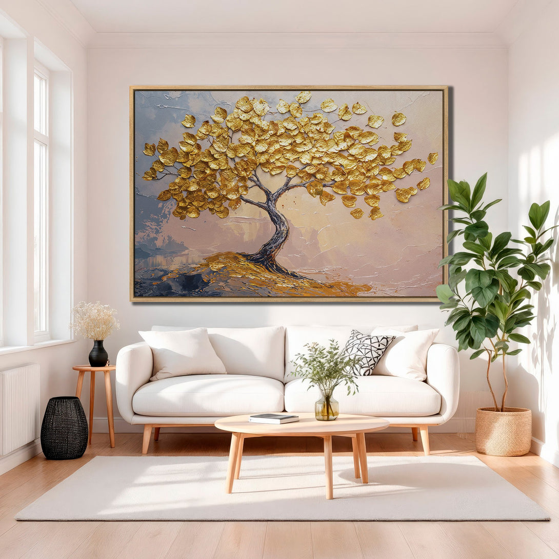 Framed Wall Art of a golden tree in a modern interior. Textured, abstract style with a warm, neutral color palette. Perfect for living room decor.