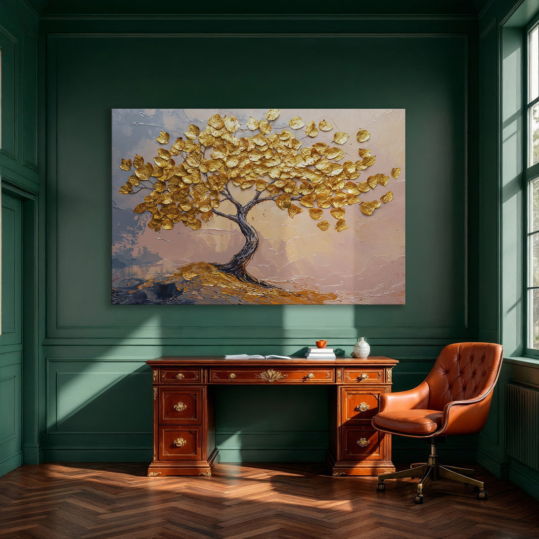 Framed Wall Art: Stunning gold leaf tree art in a modern dining room. Adds elegance with a warm, neutral color palette. Perfect for home decor!