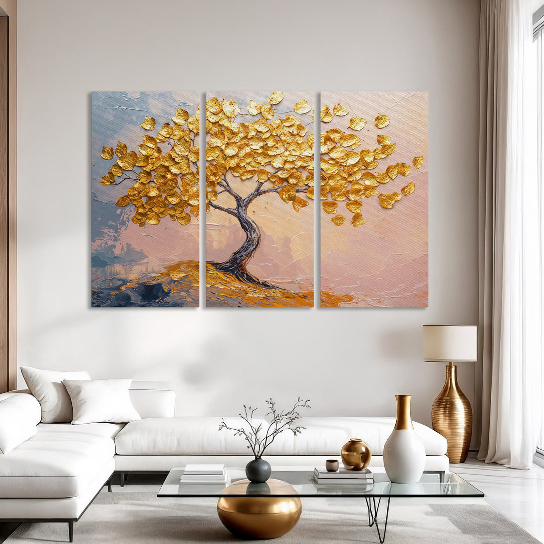Canvas Print featuring a gold leaf tree painting. Modern abstract style with a warm, neutral color palette, perfect for living room decor.