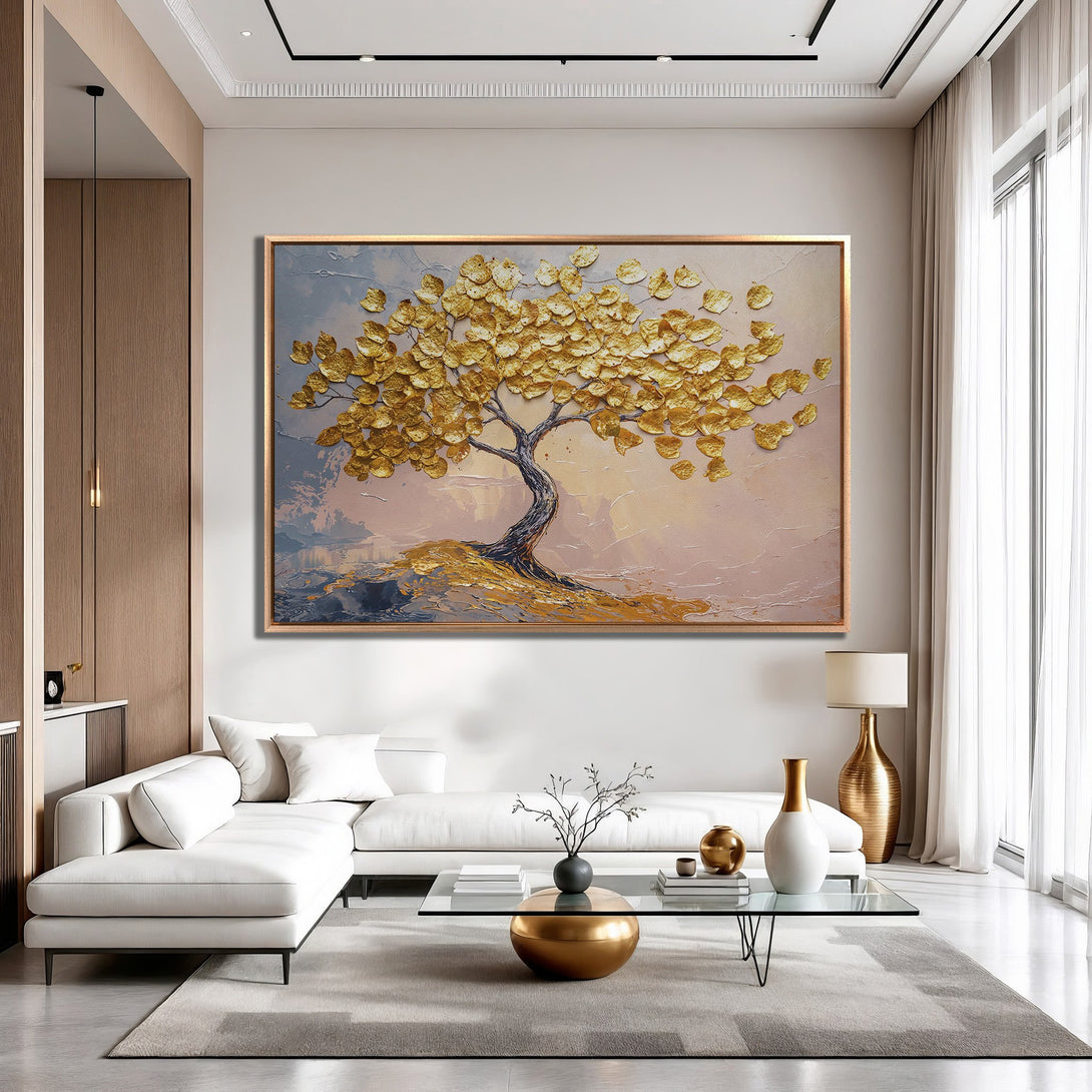 Framed Wall Art: Gold leaf tree painting in a modern interior. Warm gold, pink, and neutral tones create an elegant and inviting atmosphere.