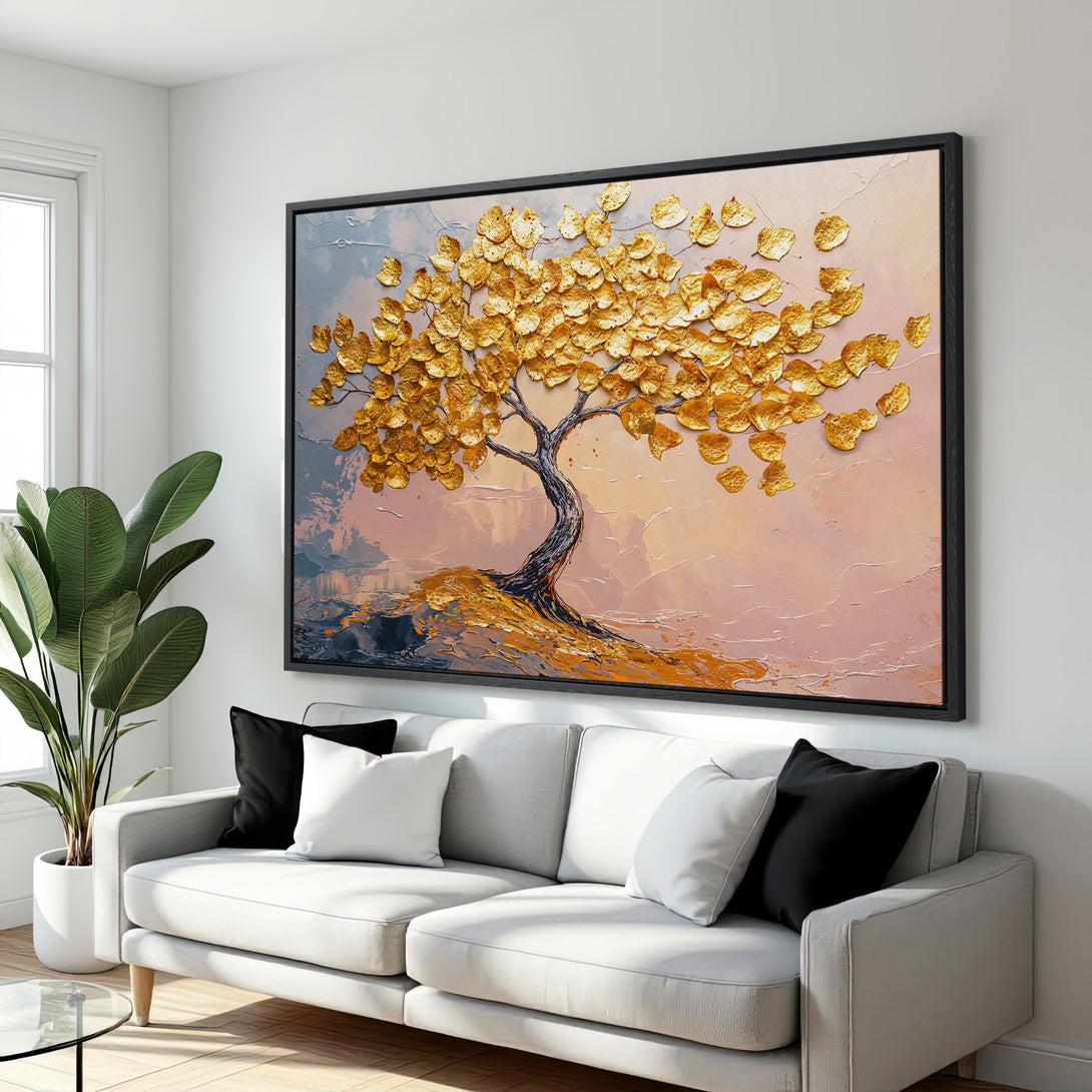 Framed Wall Art: Textured gold leaf tree art in a modern interior. Warm color palette of gold, pink, and blue. Enhance your space with this stunning canvas print.
