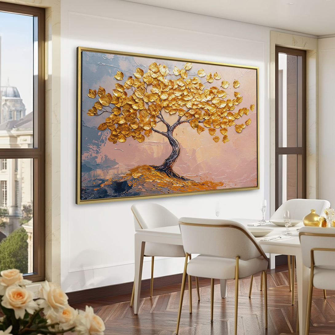 Canvas Print of a golden tree in a luxurious interior. Textured art with a warm, earthy palette. Perfect for adding elegance to your space.