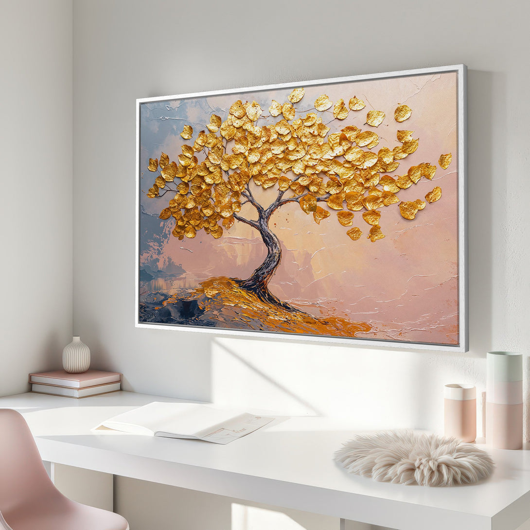 Framed Wall Art: Textured golden tree painting on canvas. Modern, abstract style with warm pink, gold, and blue color palette. Perfect for home decor.