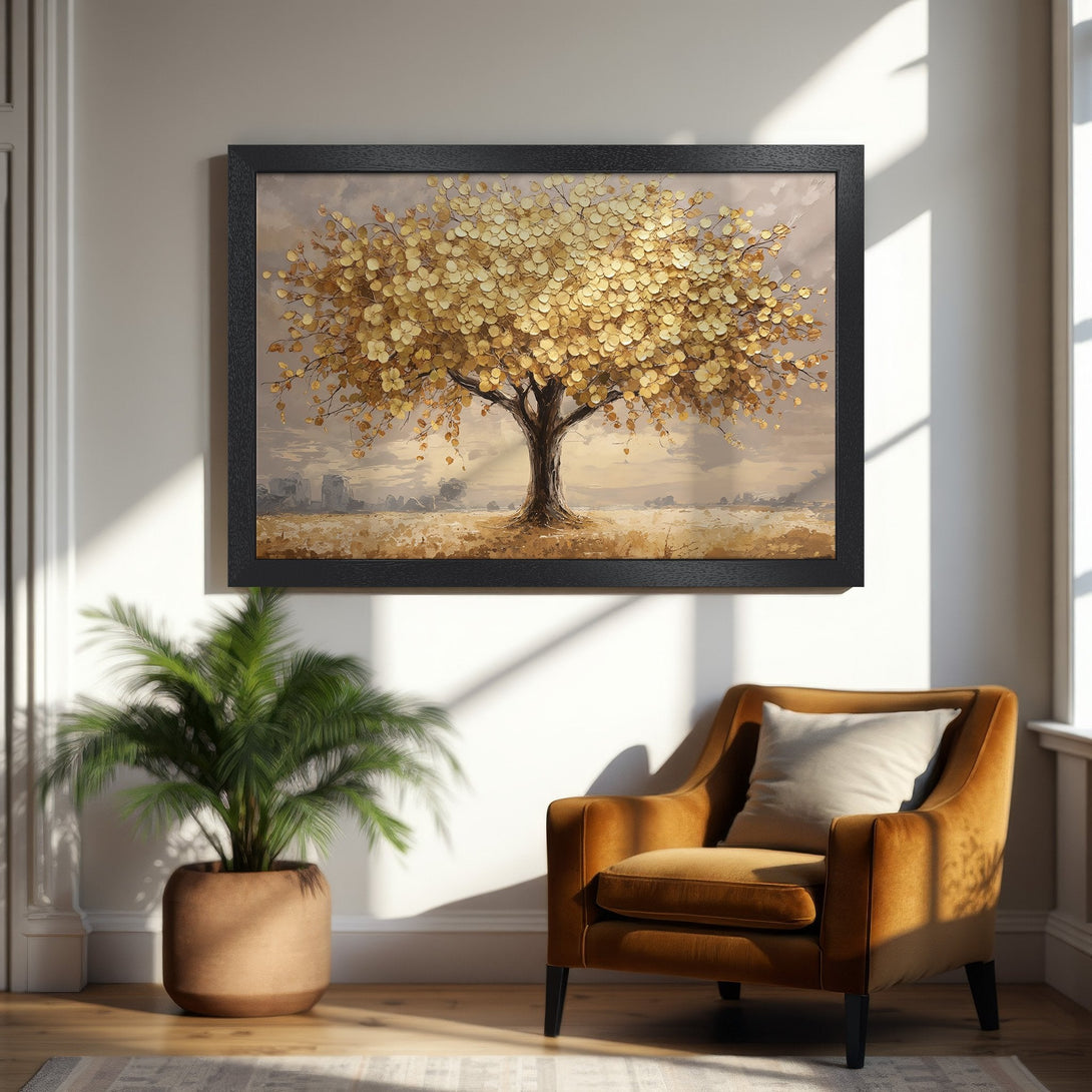 Framed Poster: Golden tree art print in warm tones. Perfect wall decor for a cozy living room. Enhance your space with this beautiful poster.
