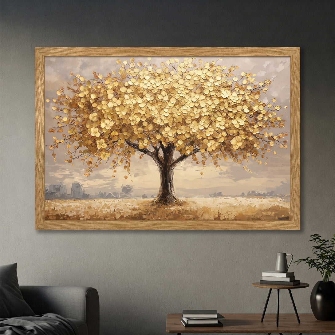 Framed Poster featuring a golden tree in a landscape. Impressionistic style with warm, earthy tones and gold accents. Perfect wall art!