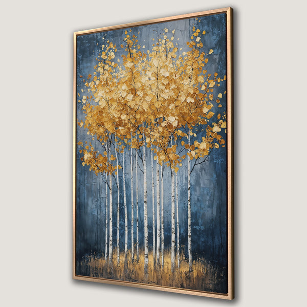 Framed Wall Art featuring an abstract painting of golden aspen trees against a deep blue backdrop. Modern art with a warm, inviting color palette.