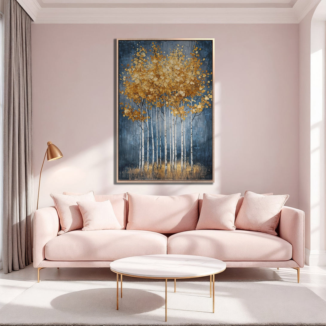 Framed Wall Art featuring a golden tree painting in a modern living room. Elegant abstract art with a blue and gold color palette.