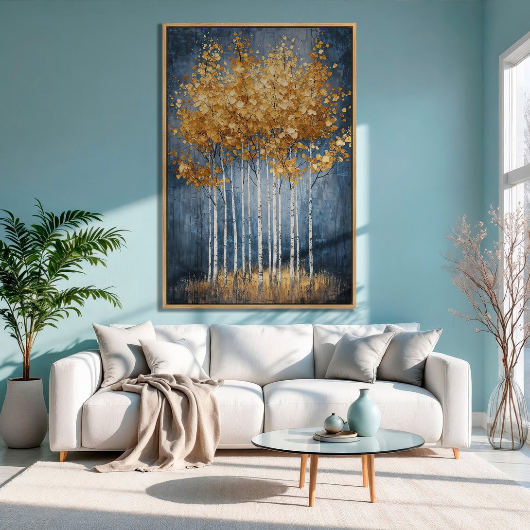 Framed Wall Art: Abstract gold trees on a dark blue background. Modern art canvas print with a calming, neutral color palette for home decor.