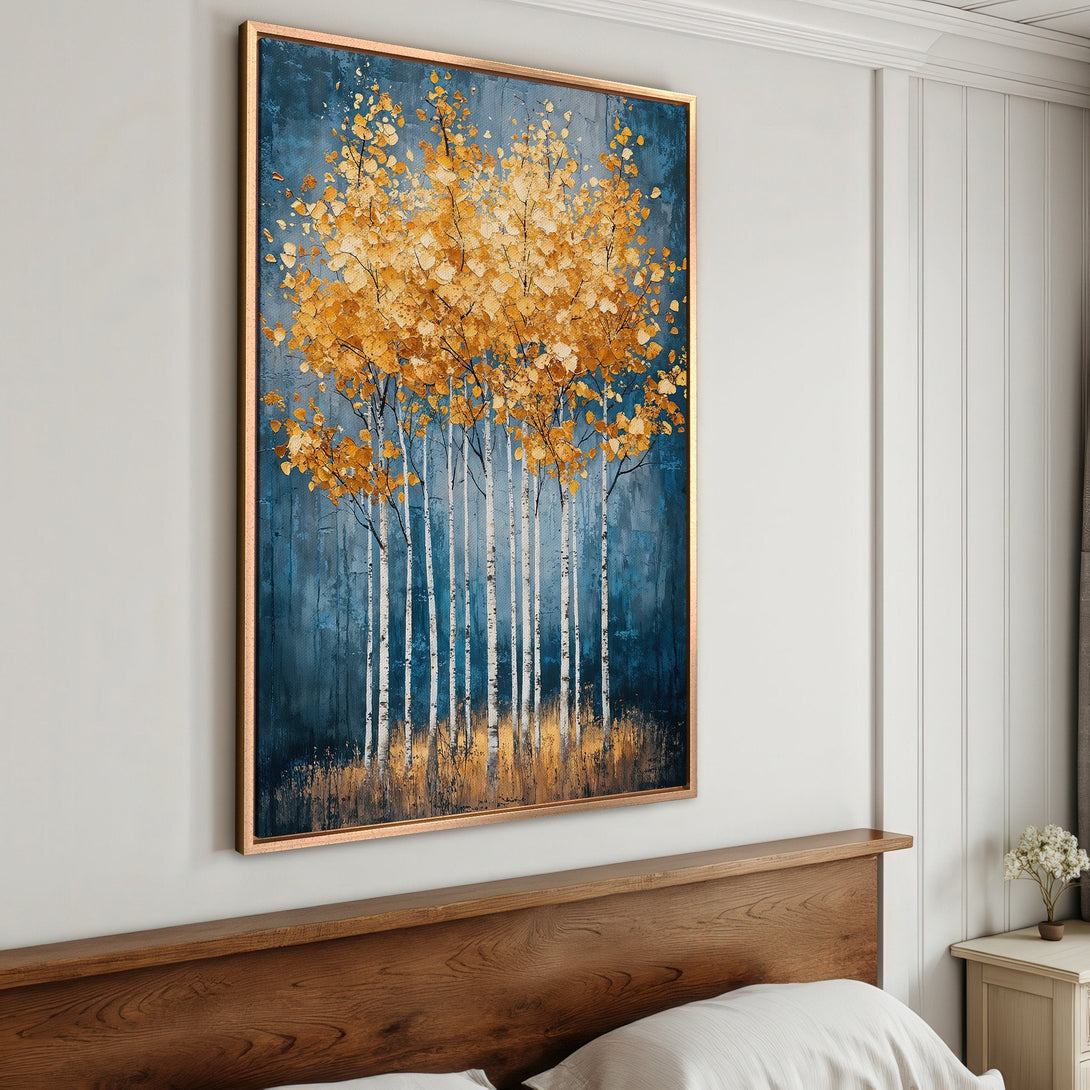 Framed Wall Art Canvas Print of golden aspen trees on a blue background. Modern abstract art with warm gold and cool blue tones. Perfect for home decor.