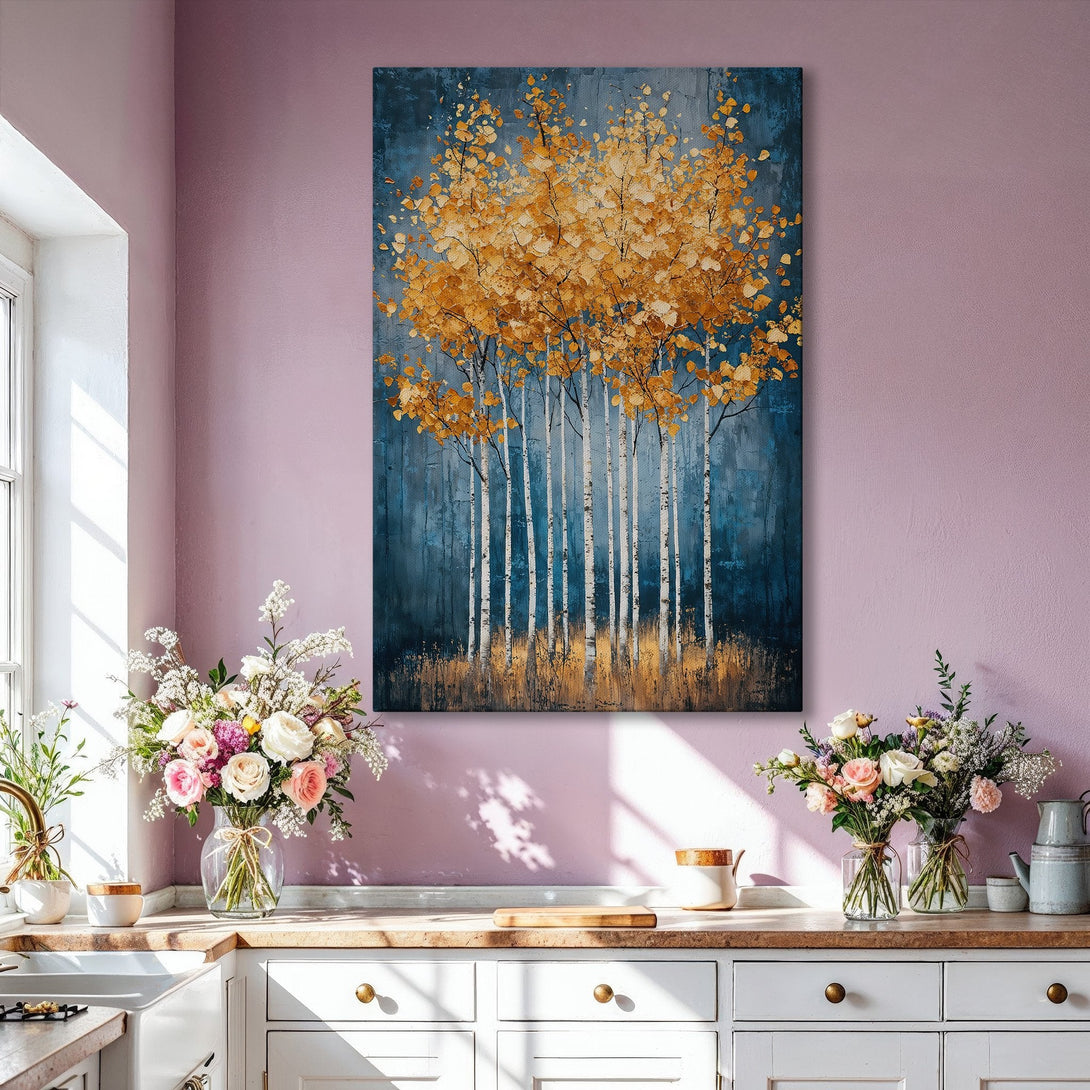 Framed Wall Art: Abstract birch tree painting with gold and blue tones. Perfect for modern decor. Enhance your space with this stunning canvas print.