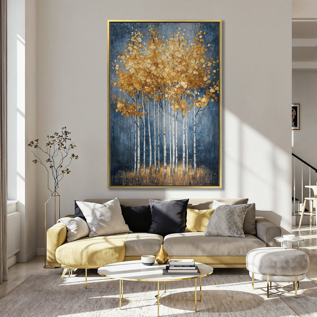Canvas Print of golden aspen trees against a moody blue background, adding a touch of nature-inspired art to your home.