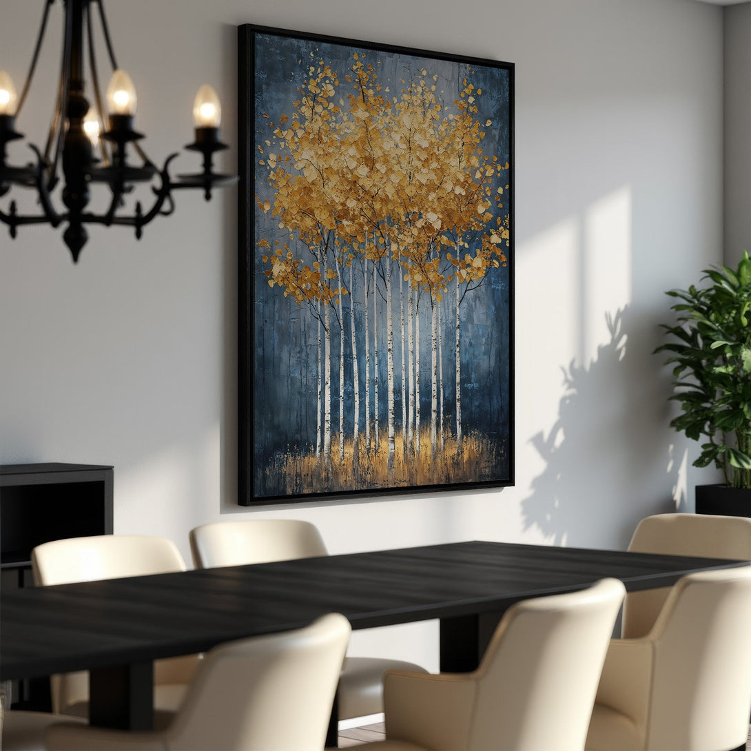 Framed Wall Art featuring a gold and blue abstract tree painting. Adds a touch of elegance to any dining room. Modern art with a calming color palette.