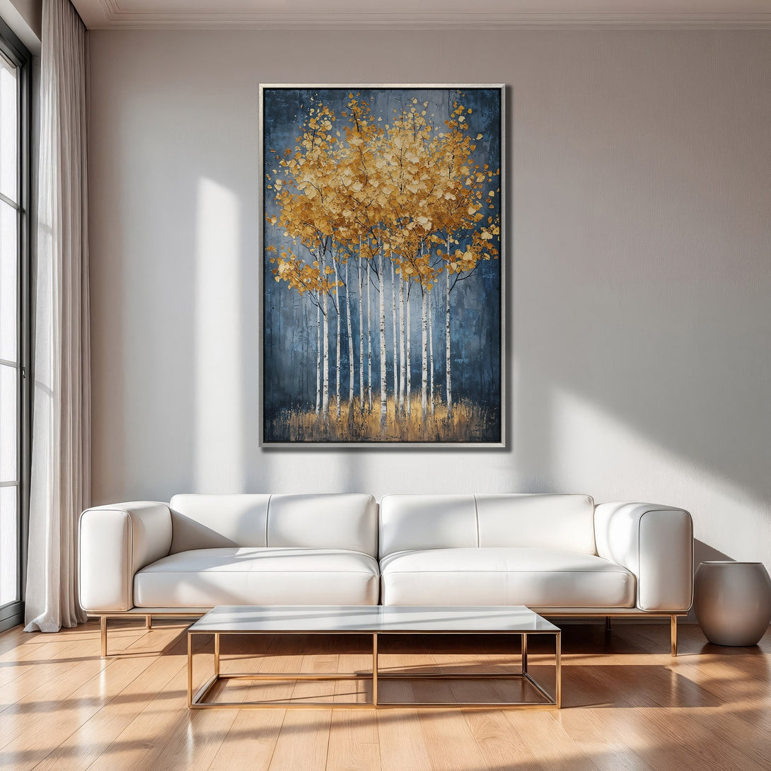 Framed Wall Art: Abstract gold aspen trees on a blue background. Modern canvas print with a warm, inviting color palette for living room decor.